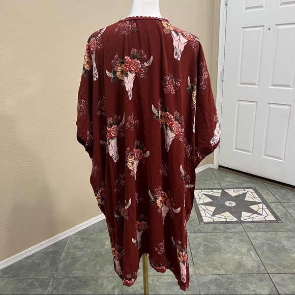 Angie Cardigan Womens L Brick Bull Skull Floral Kimono Western Cowgirl Boho EUC - Picture 4 of 7